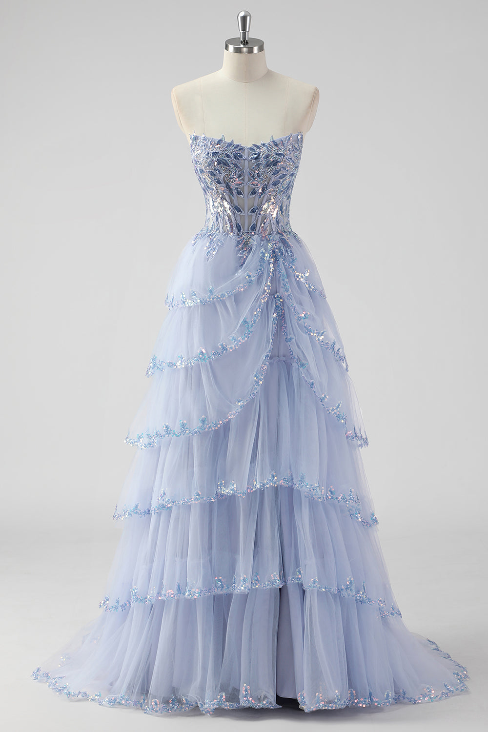 Lavender A Line Strapless Corset Tiered Formal Dress with Slit