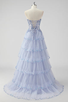 Lavender A Line Strapless Corset Tiered Formal Dress with Slit