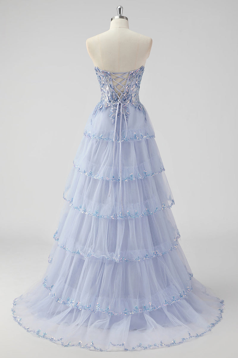 Load image into Gallery viewer, Lavender A Line Strapless Corset Tiered Formal Dress with Slit