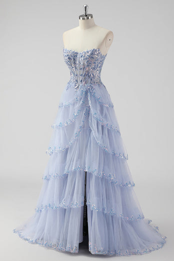 Lavender A Line Strapless Corset Tiered Formal Dress with Slit