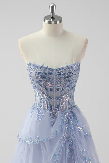 Lavender A Line Strapless Corset Tiered Formal Dress with Slit