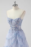 Load image into Gallery viewer, Lavender A Line Strapless Corset Tiered Formal Dress with Slit