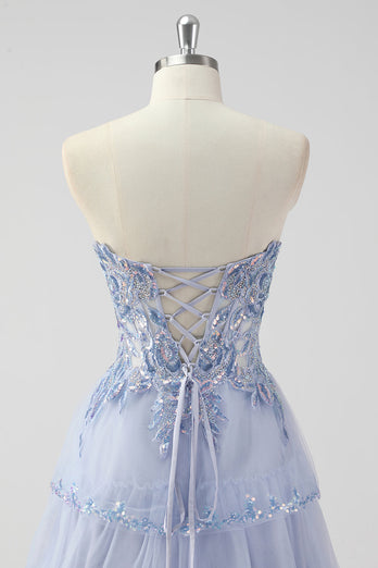 Lavender A Line Strapless Corset Tiered Formal Dress with Slit