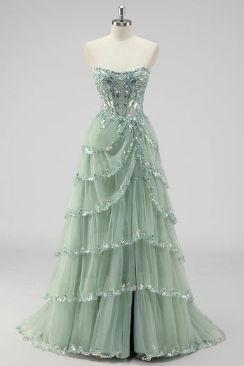 Lavender A Line Strapless Corset Tiered Formal Dress with Slit