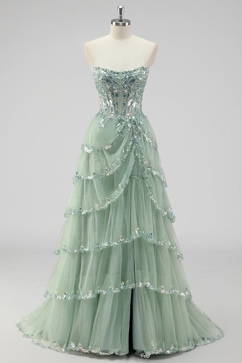Load image into Gallery viewer, Lavender A Line Strapless Corset Tiered Formal Dress with Slit