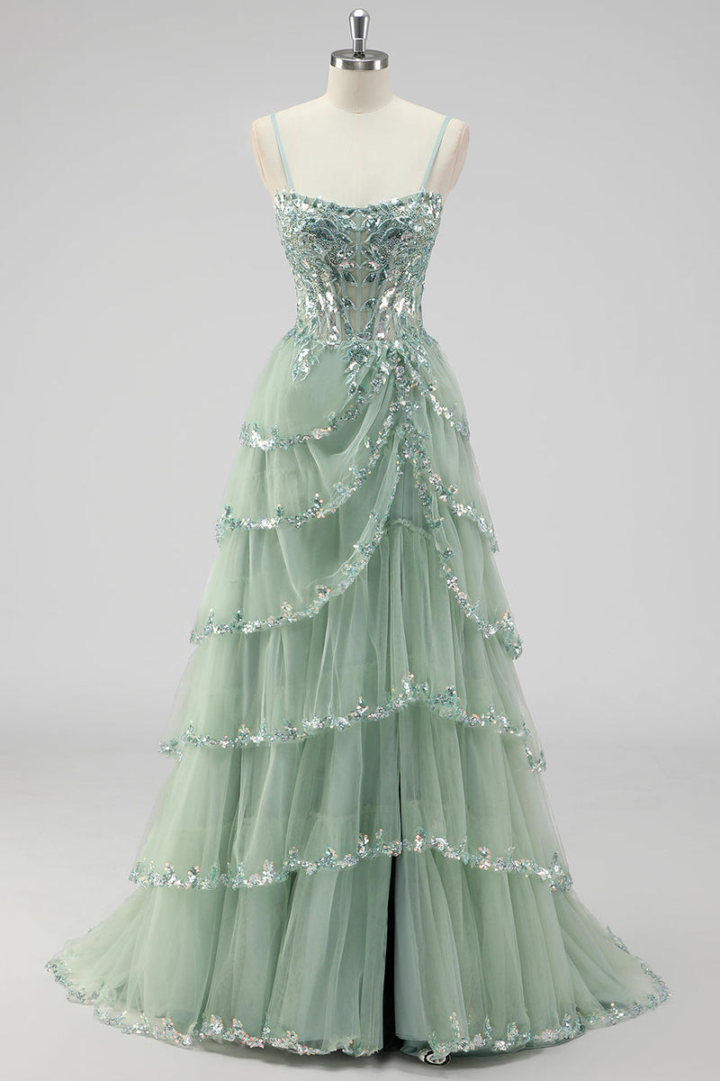 Load image into Gallery viewer, Lavender A Line Strapless Corset Tiered Formal Dress with Slit