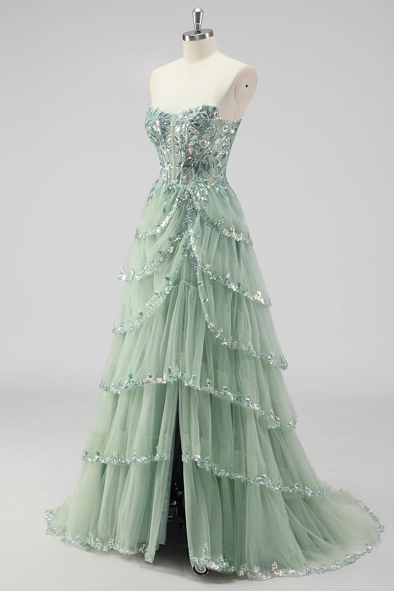 Load image into Gallery viewer, Lavender A Line Strapless Corset Tiered Formal Dress with Slit