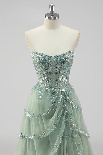 Lavender A Line Strapless Corset Tiered Formal Dress with Slit
