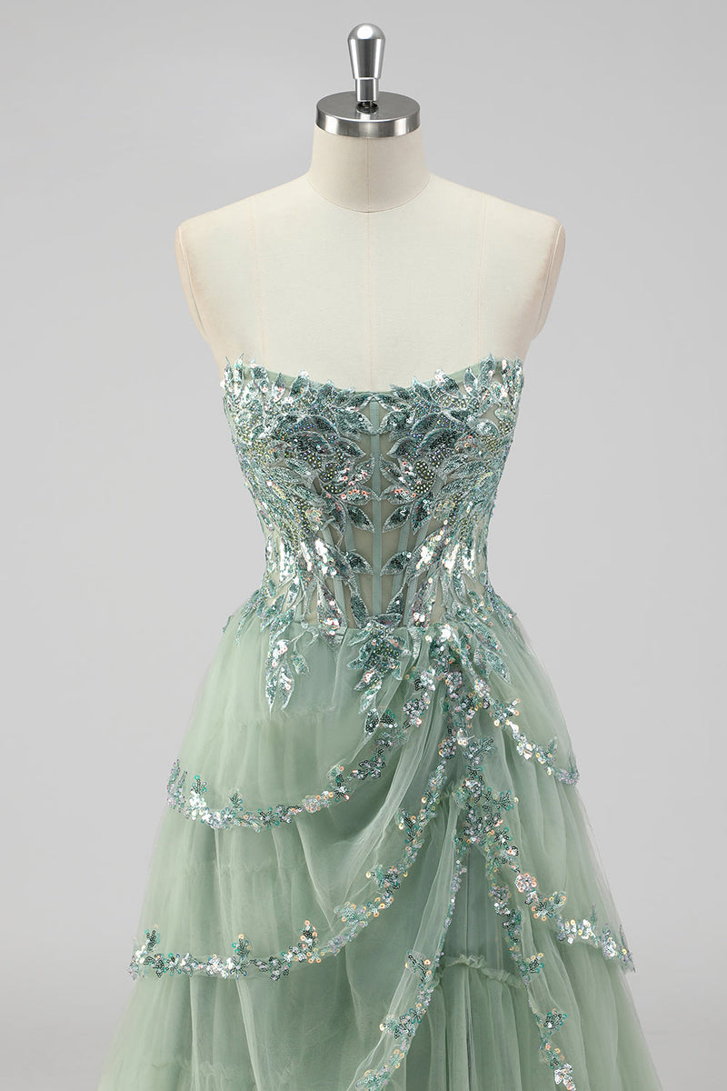 Load image into Gallery viewer, Lavender A Line Strapless Corset Tiered Formal Dress with Slit