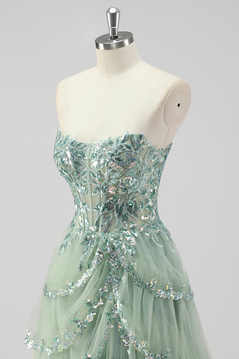 Lavender A Line Strapless Corset Tiered Formal Dress with Slit