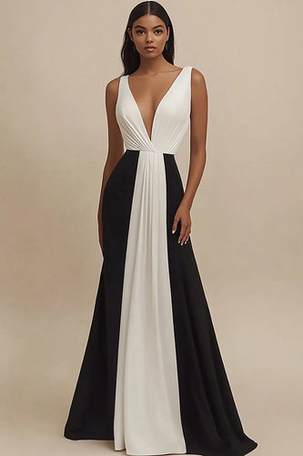 Black and White Deep V-Neck Satin Long Formal Dress