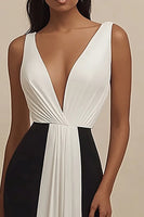 Load image into Gallery viewer, Black and White Deep V-Neck Satin Long Formal Dress