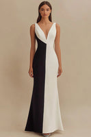 Load image into Gallery viewer, Black and White Mermaid V-Neck Satin Long Formal Dress