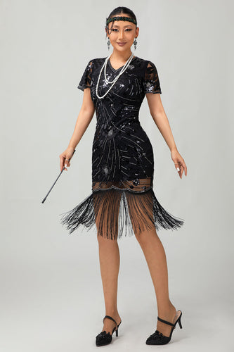 Sparkly Black Sequins Short Sleeves Flapper Dress with Fringes