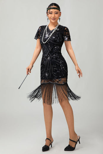Sparkly Black Sequins Short Sleeves Flapper Dress with Fringes