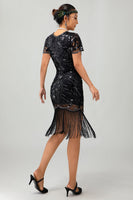 Load image into Gallery viewer, Sparkly Black Sequins Short Sleeves Flapper Dress with Fringes