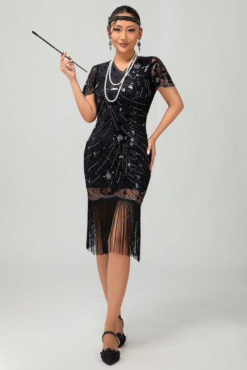Sparkly Black Sequins Short Sleeves Flapper Dress with Fringes