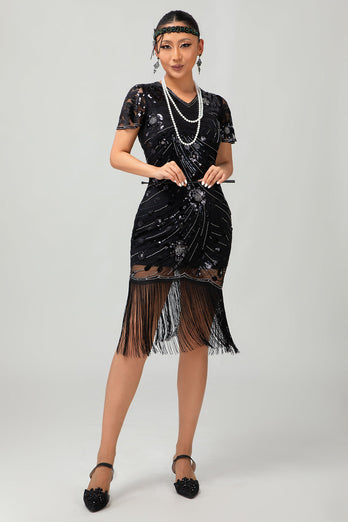 Sparkly Black Sequins Short Sleeves Flapper Dress with Fringes
