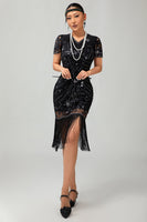 Load image into Gallery viewer, Sparkly Black Sequins Short Sleeves Flapper Dress with Fringes