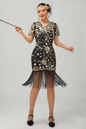 Sparkly Black Sequins Short Sleeves Flapper Dress with Fringes