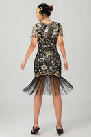 Load image into Gallery viewer, Sparkly Black Golden Sequins Fringed Flapper Dress with Sleeves
