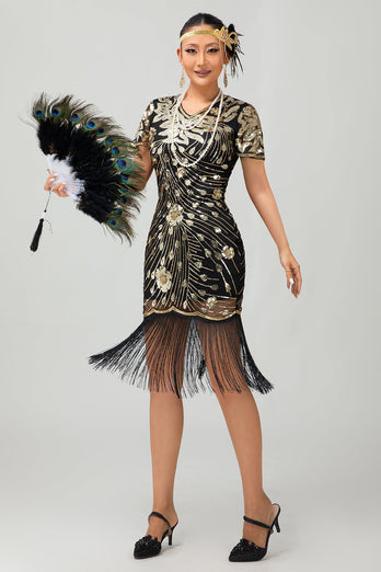 Sparkly Black Golden Sequins Fringed Flapper Dress with Sleeves