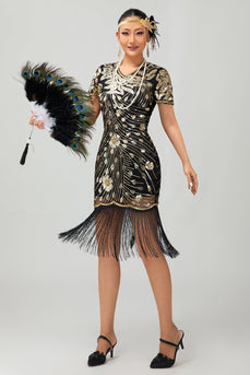 Sparkly Black Red Fringed Bodycon Short 1920s Dress with Sleeves