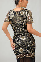 Load image into Gallery viewer, Sparkly Black Red Fringed Bodycon Short 1920s Dress with Sleeves