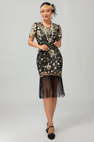 Load image into Gallery viewer, Sparkly Black Sequins Short Sleeves Flapper Dress with Fringes