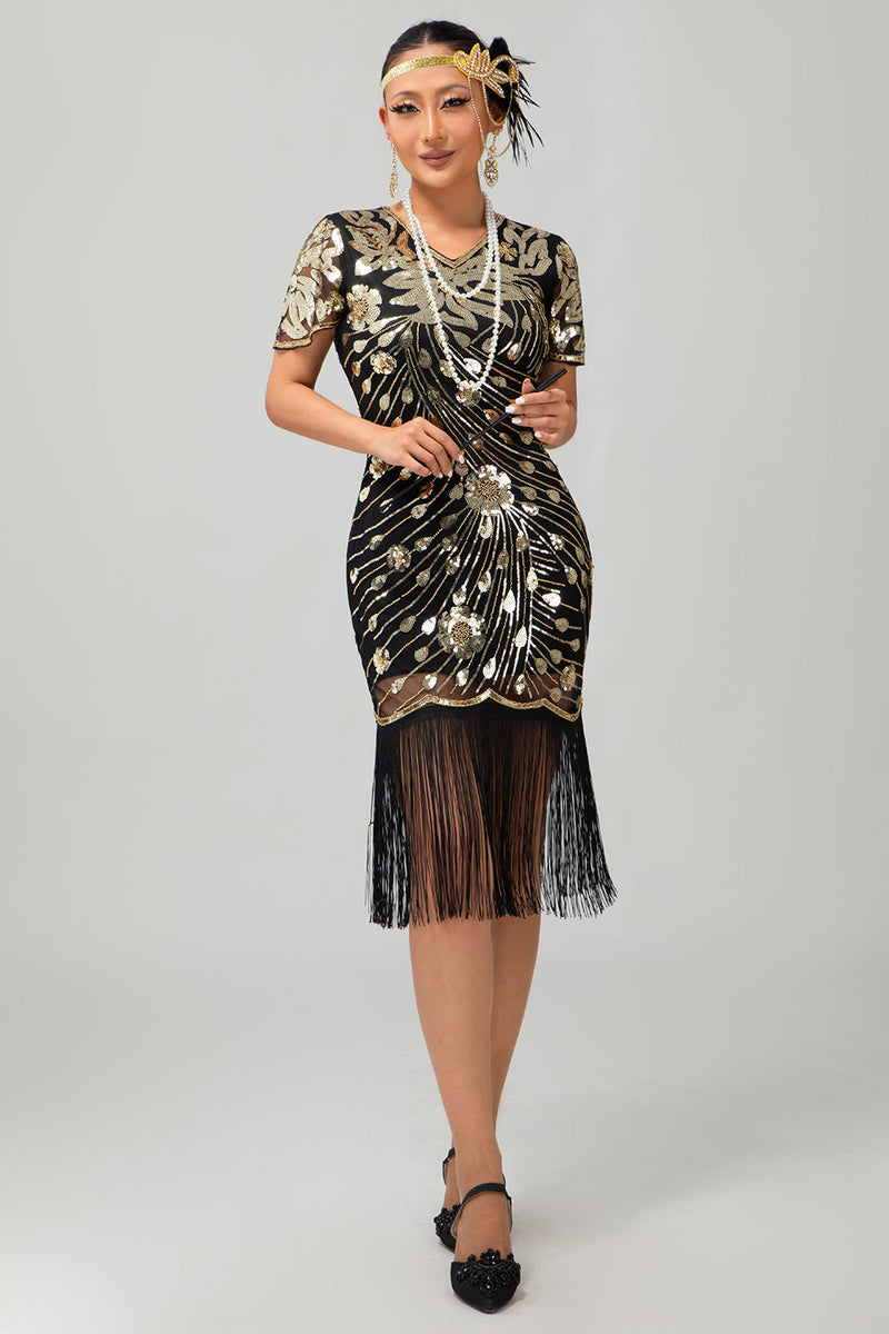 Load image into Gallery viewer, Sparkly Black Red Fringed Bodycon Short 1920s Dress with Sleeves