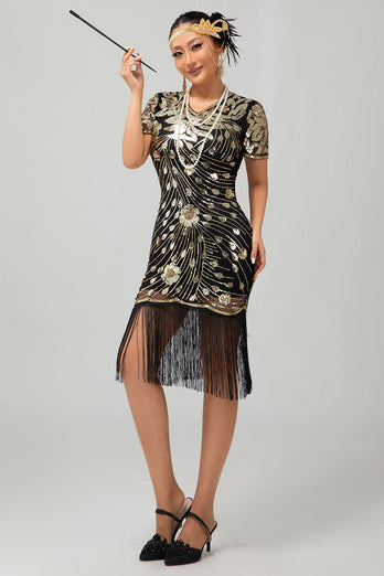 Sparkly Black Golden Sequins Fringed Flapper Dress with Sleeves