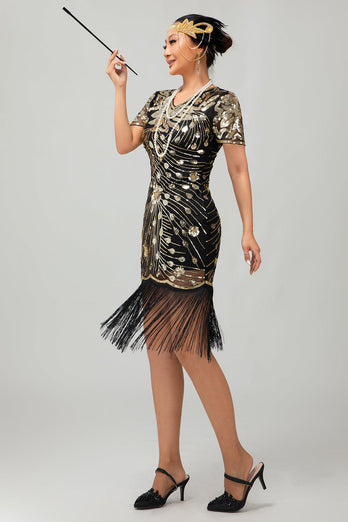 Sparkly Black Red Fringed Bodycon Short 1920s Dress with Sleeves