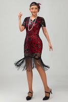 Load image into Gallery viewer, Sparkly Black Golden Sequins Fringed Flapper Dress with Sleeves