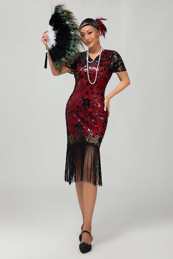 Sparkly Black Red Fringed Bodycon Short 1920s Dress with Sleeves