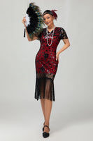 Load image into Gallery viewer, Sparkly Black Sequins Short Sleeves Flapper Dress with Fringes