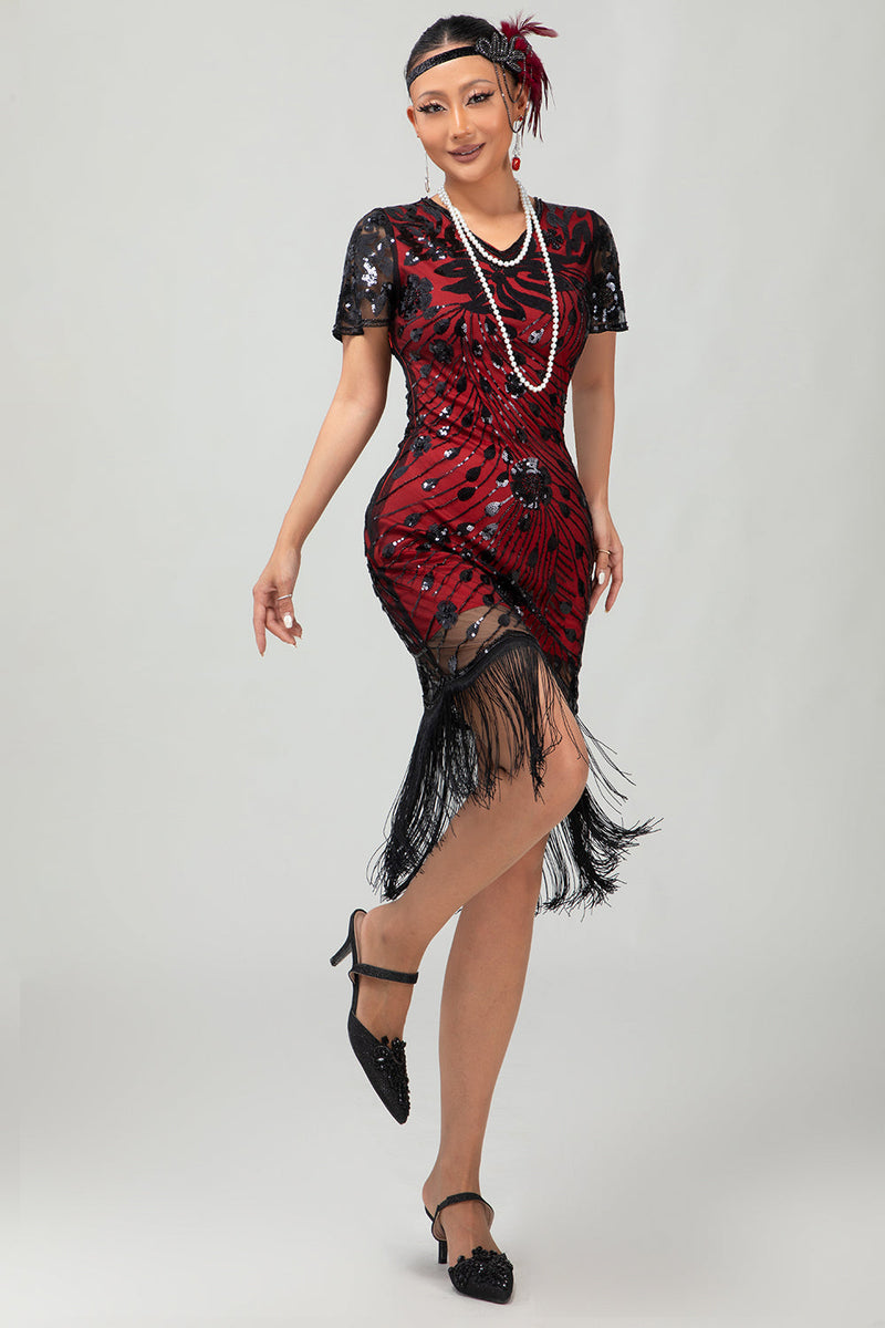 Load image into Gallery viewer, Sparkly Black Red Fringed Bodycon Short 1920s Dress with Sleeves