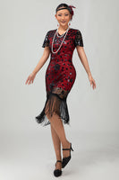 Load image into Gallery viewer, Sparkly Black Red Fringed Bodycon Short 1920s Dress with Sleeves