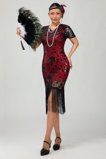 Sparkly Black Golden Sequins Fringed Flapper Dress with Sleeves