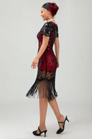 Load image into Gallery viewer, Sparkly Black Red Fringed Bodycon Short 1920s Dress with Sleeves