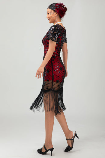 Sparkly Black Red Fringed Bodycon Short 1920s Dress with Sleeves