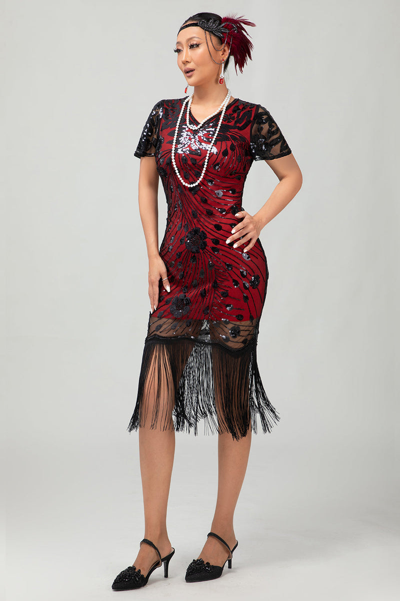 Load image into Gallery viewer, Sparkly Black Sequins Short Sleeves Flapper Dress with Fringes