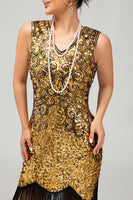 Load image into Gallery viewer, Sparkly Black Golden Sequins Tight Short 1920s Dress with Fringes