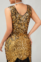 Load image into Gallery viewer, Sparkly Black Golden Sequins Tight Short 1920s Dress with Fringes