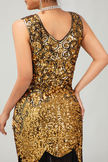 Sparkly Black Golden Sequins Tight Short 1920s Dress with Fringes