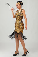 Load image into Gallery viewer, Sparkly Black Golden Sequins Tight Short 1920s Dress with Fringes