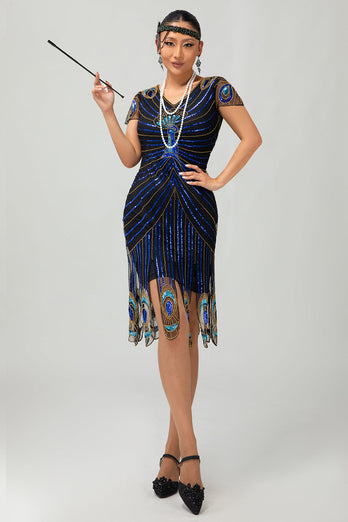 Sparkly Black Blue Sequins Bodycon Short 1920s Dress with Sleeves