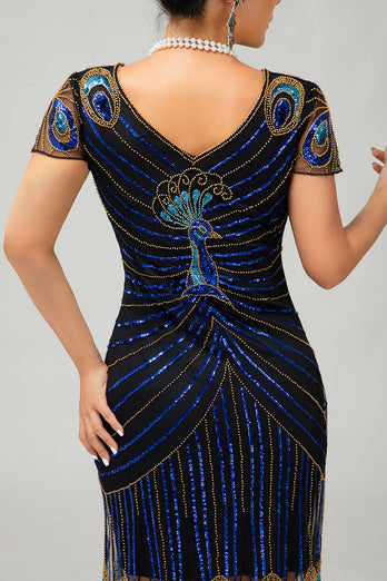 Sparkly Black Blue Sequins Bodycon Short 1920s Dress with Sleeves