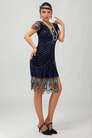 Sparkly Black Blue Sequins Bodycon Short 1920s Dress with Sleeves