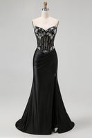 Load image into Gallery viewer, Sparkly Black Corset Mermaid Beaded Long Formal Dress with Slit