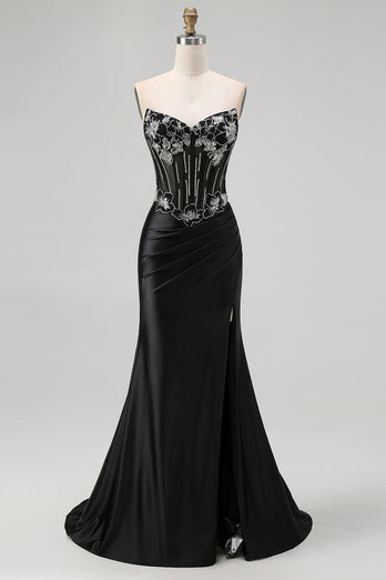Sparkly Black Corset Mermaid Beaded Long Formal Dress with Slit